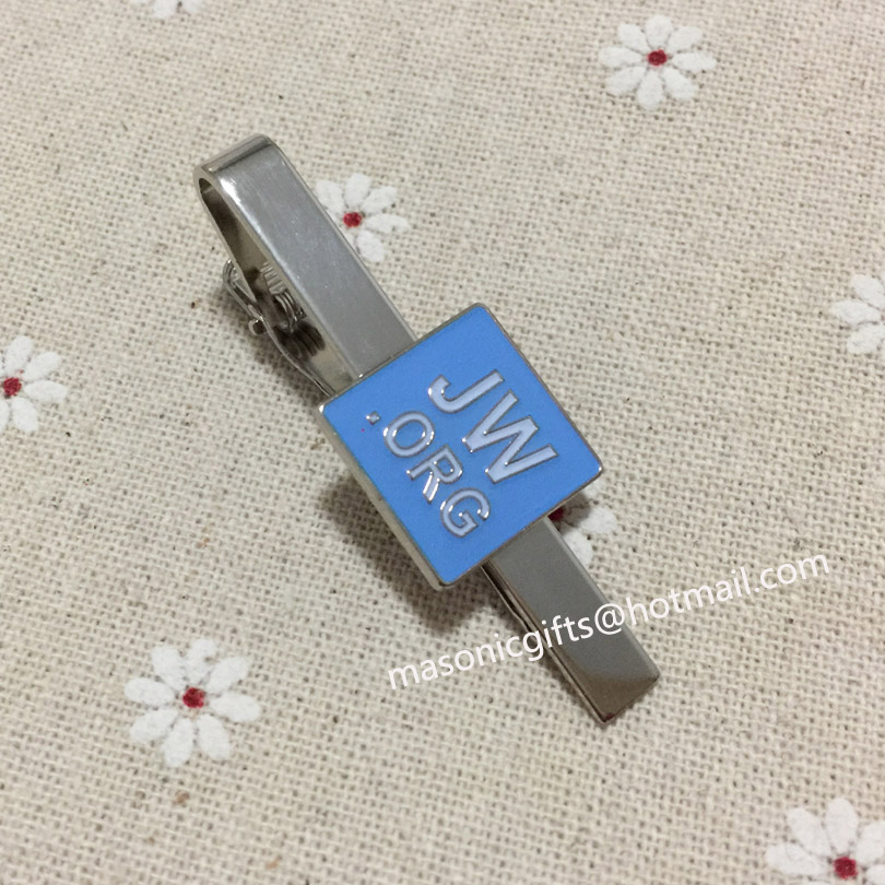 Jw.org tie bar clips blue enamel square clips silver tone tacks for men