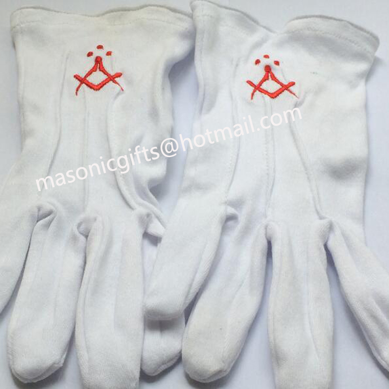masonic gifts store supply white cotton freemasonry gloves with red embroidery logo for the lodge masonic mittens